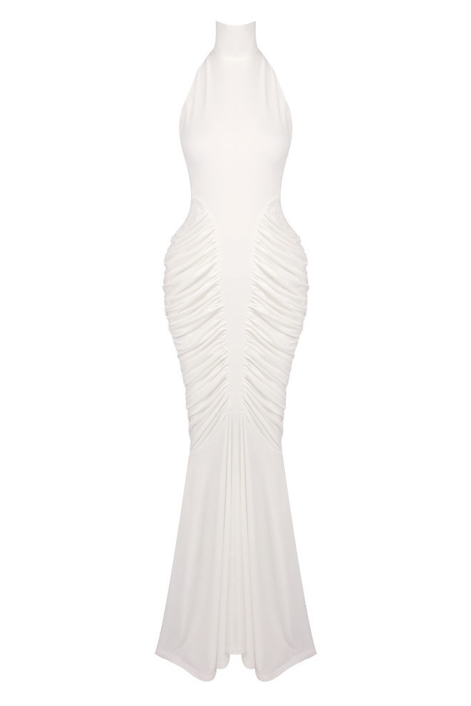 High Neck Ruched Solid Maxi Dress