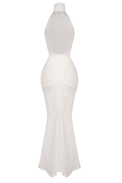 High Neck Ruched Solid Maxi Dress