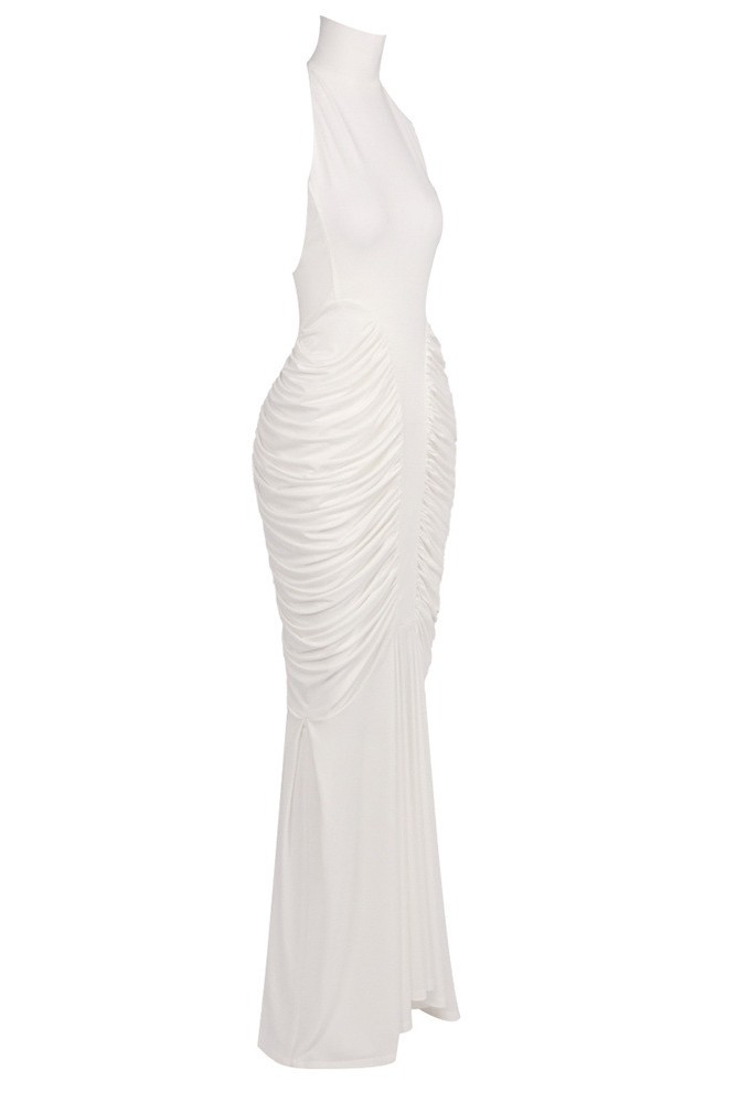 High Neck Ruched Solid Maxi Dress