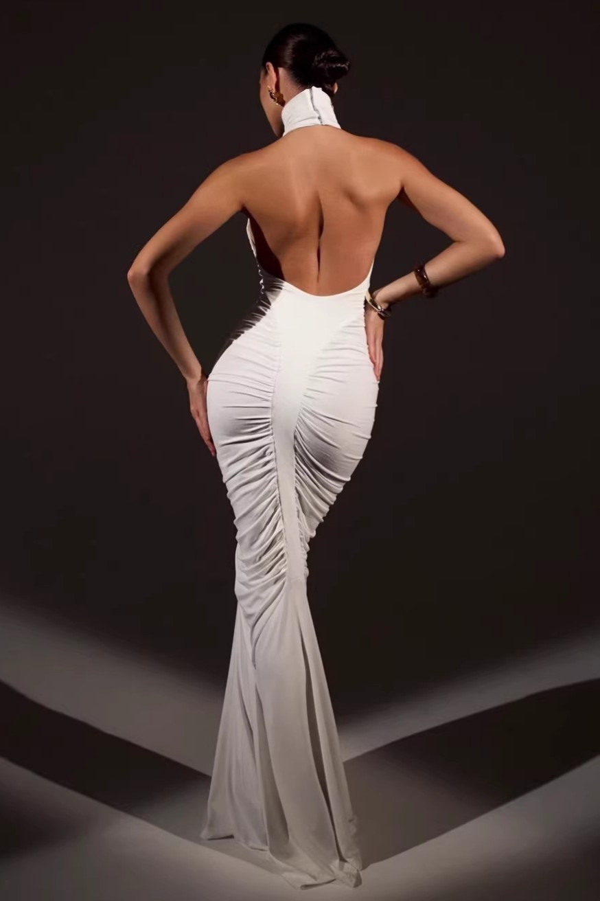 High Neck Ruched Solid Maxi Dress