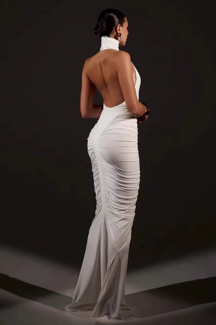 High Neck Ruched Solid Maxi Dress