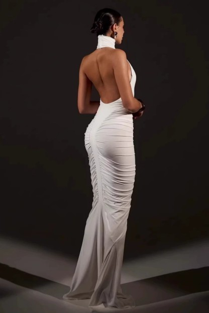 High Neck Ruched Solid Maxi Dress