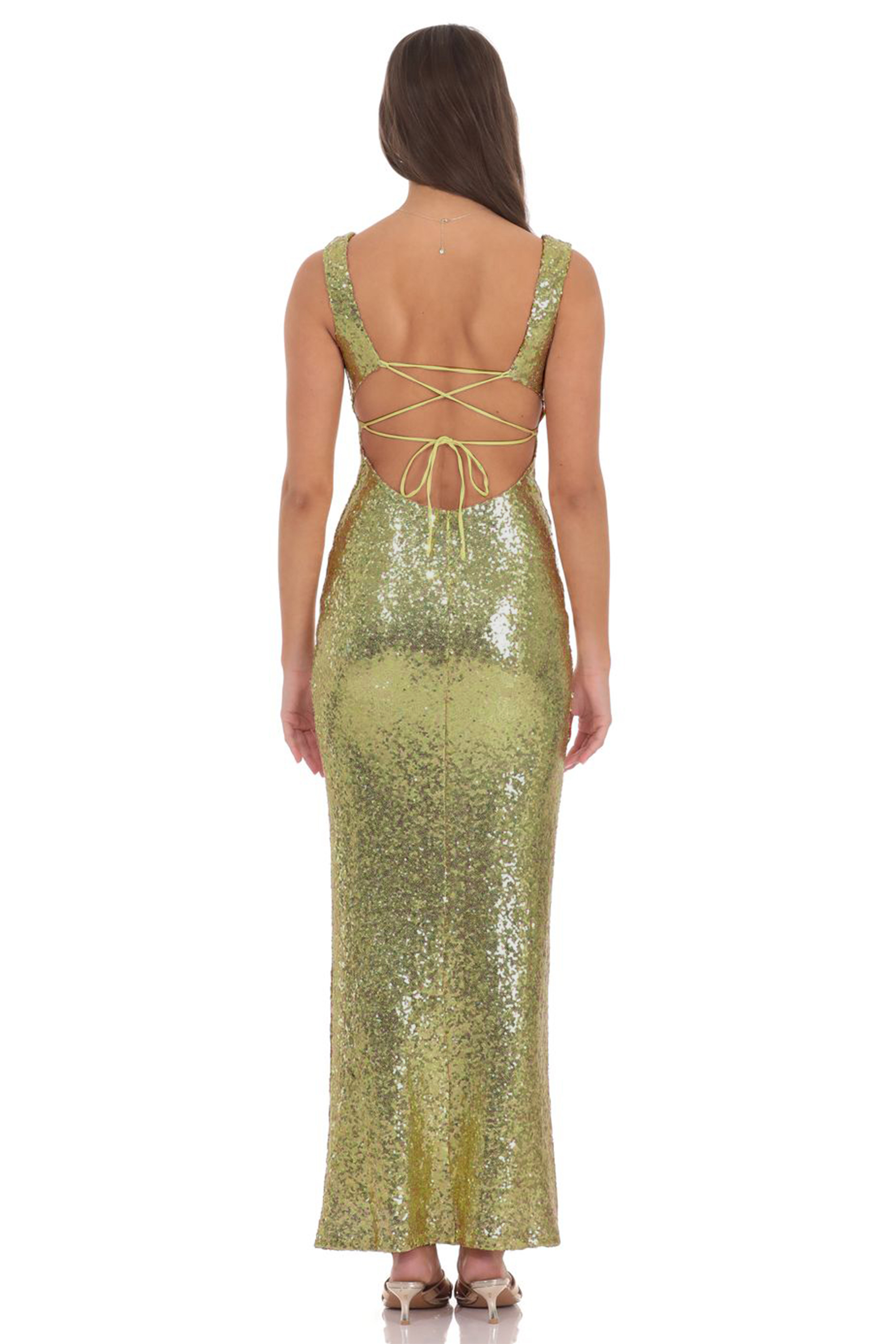 Sequin Backless Tie-Up Maxi Dress