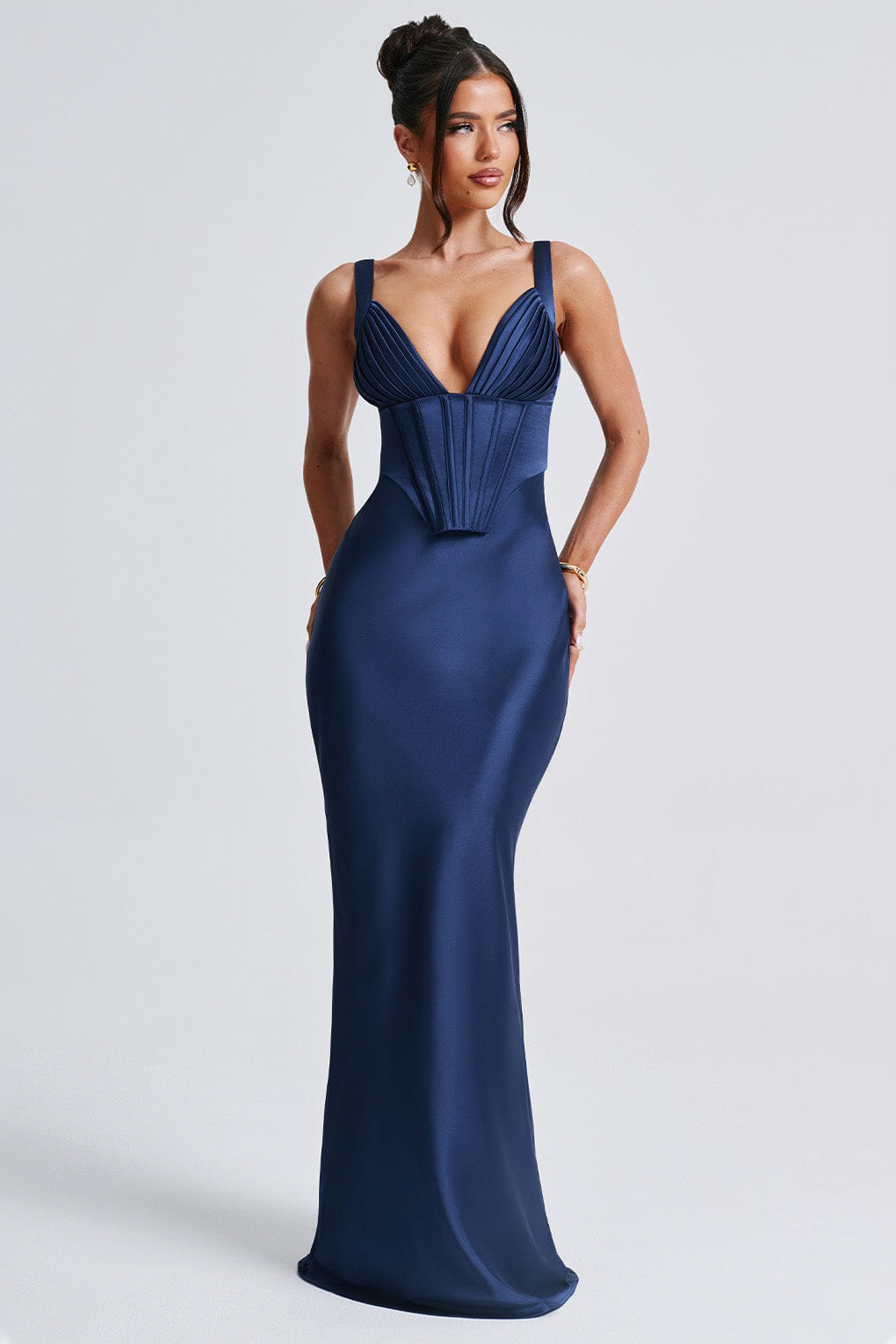 Satin Pleated Corset Maxi Dress