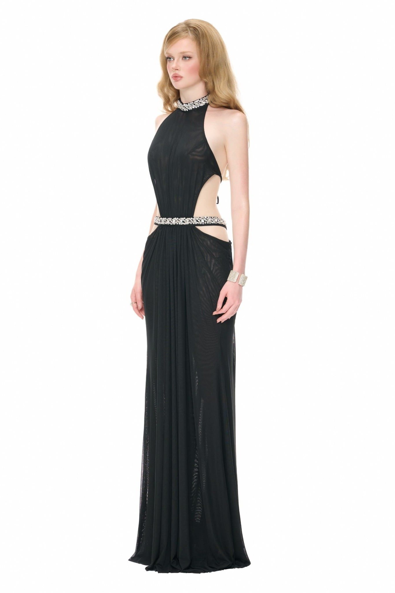 Mesh Cut-Out Sequin Beaded Maxi Dress