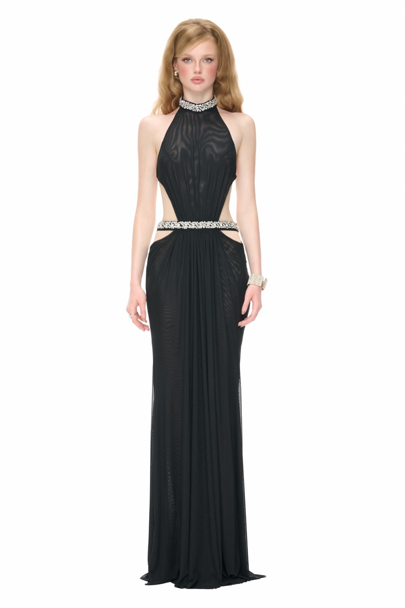 Mesh Cut-Out Sequin Beaded Maxi Dress