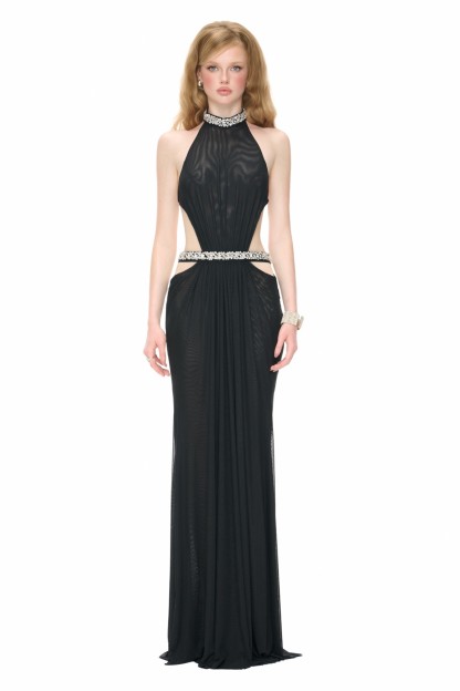 Mesh Cut-Out Sequin Beaded Maxi Dress