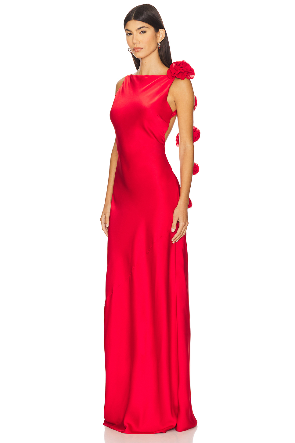 3D Flower Satin Solid Maxi Dress