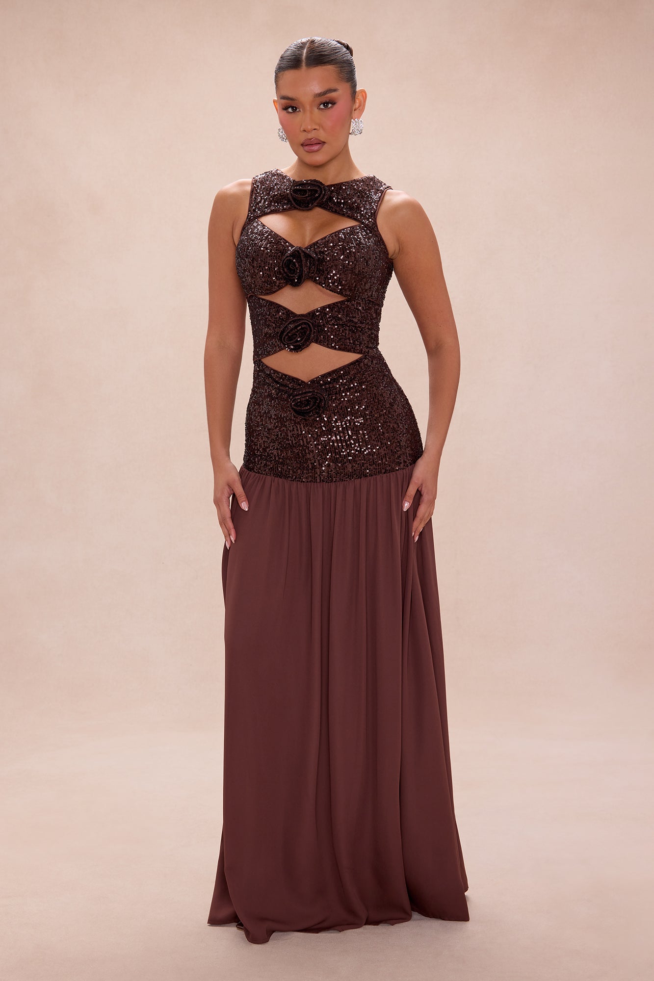 3D Flower Sequin Cut-Out Maxi Dress