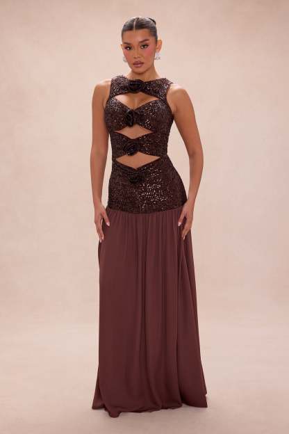 3D Flower Sequin Cut-Out Maxi Dress