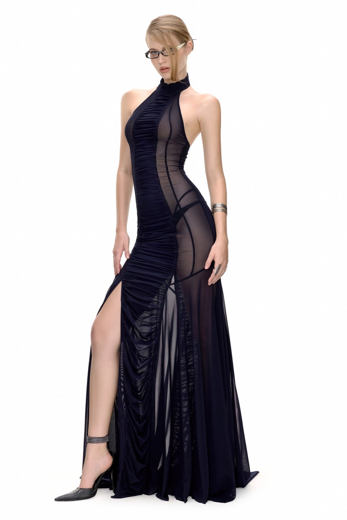 Mesh Gathering See-Through Maxi Dress