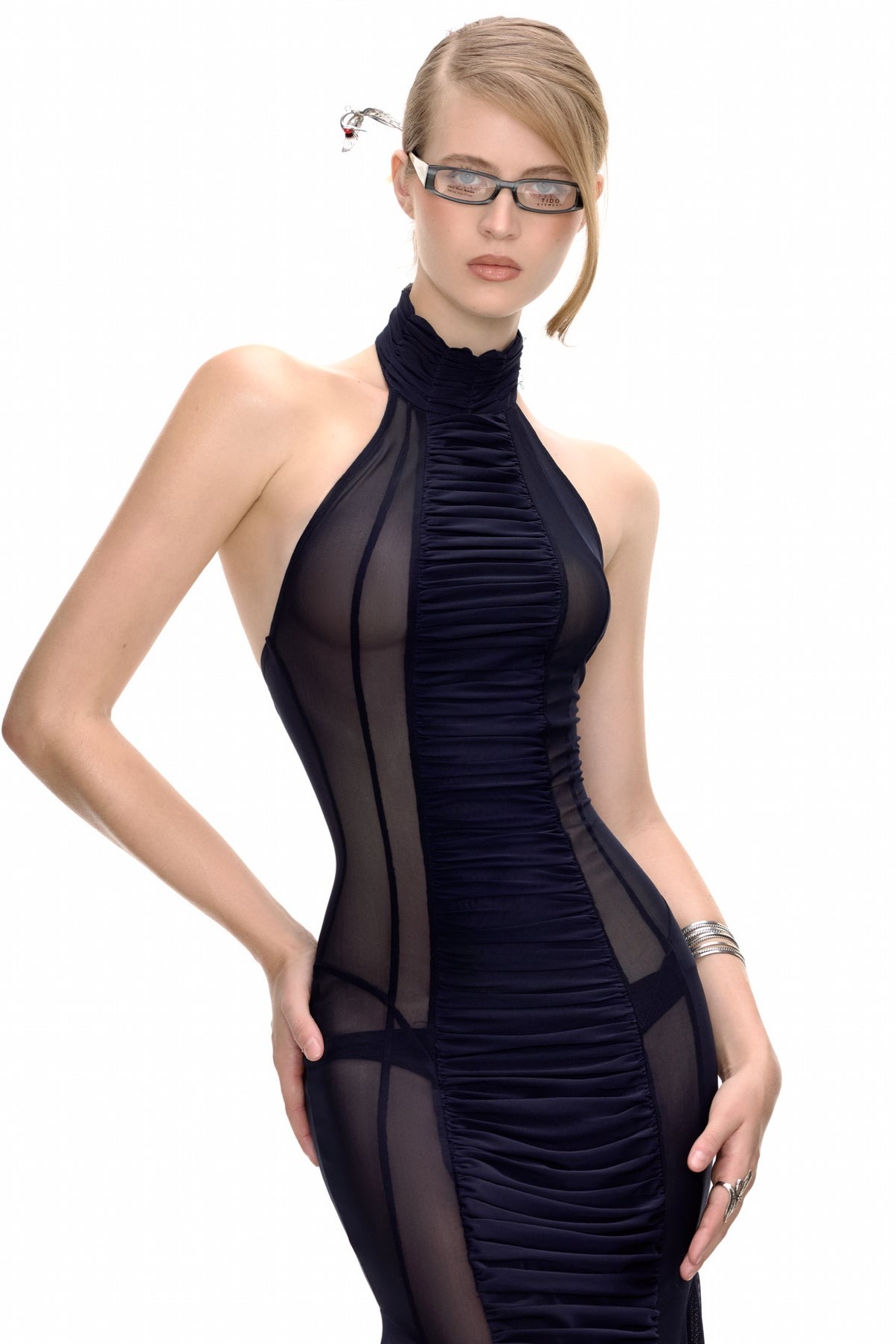 Mesh Gathering See-Through Maxi Dress