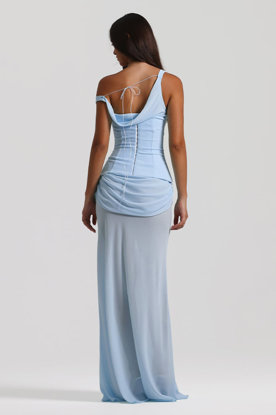 Chiffon Gathering Skew Collar Maxi Dress With Corset