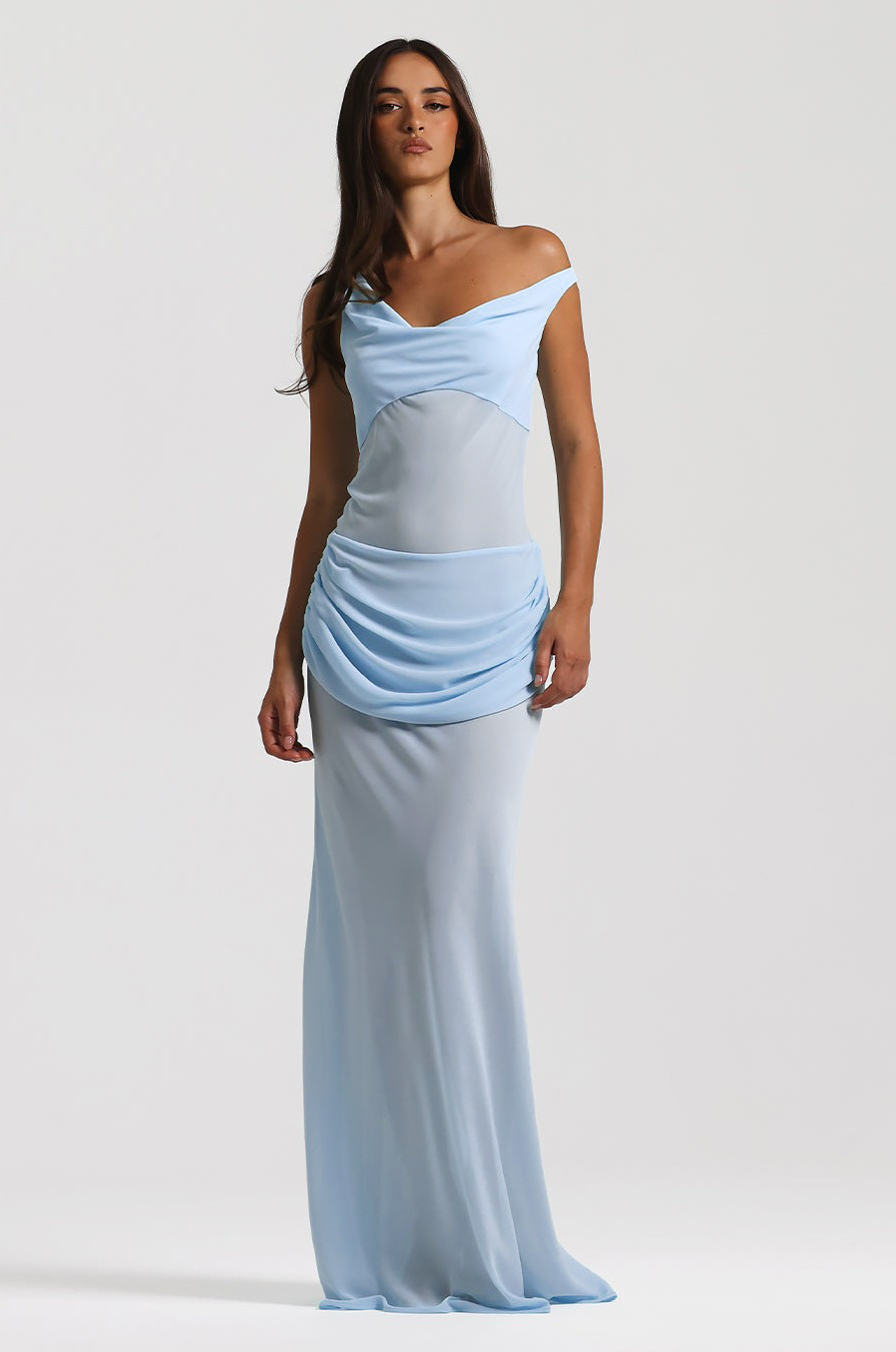 Chiffon Gathering Skew Collar Maxi Dress With Corset
