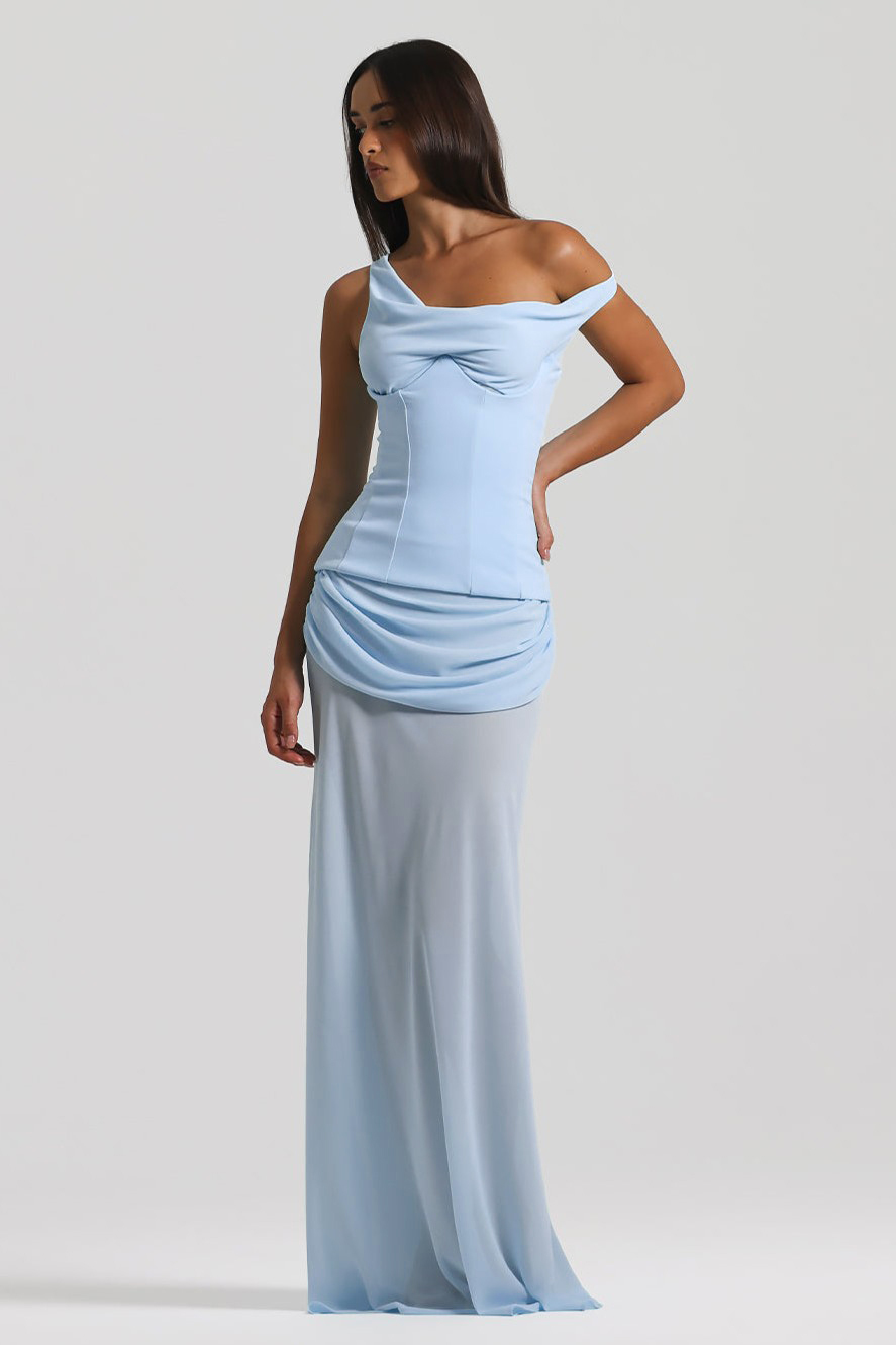 Chiffon Gathering Skew Collar Maxi Dress With Corset