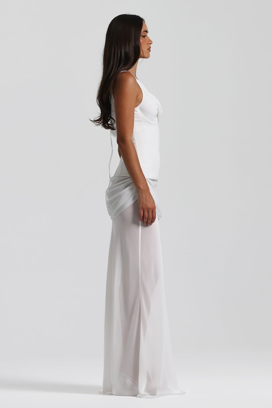 Chiffon Gathering Skew Collar Maxi Dress With Corset