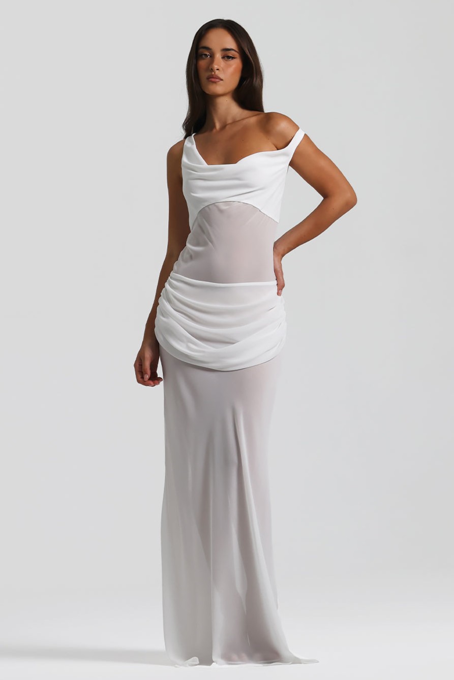 Chiffon Gathering Skew Collar Maxi Dress With Corset
