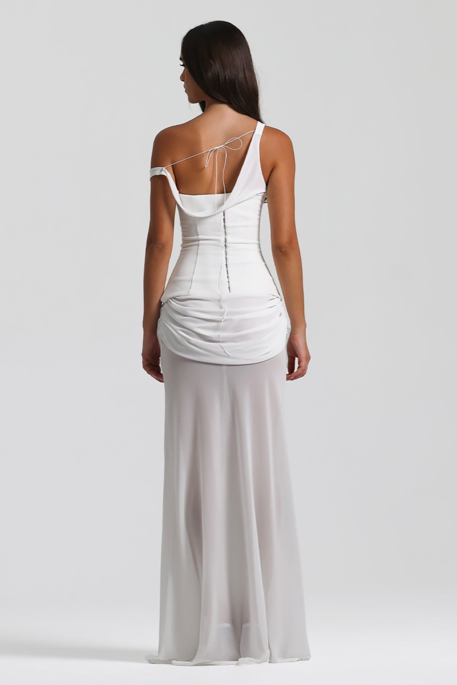 Chiffon Gathering Skew Collar Maxi Dress With Corset