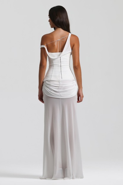 Chiffon Gathering Skew Collar Maxi Dress With Corset