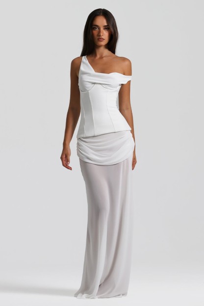Chiffon Gathering Skew Collar Maxi Dress With Corset