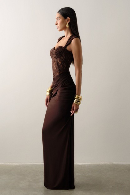 Lace Sweetheart Neck Ruched Maxi Dress