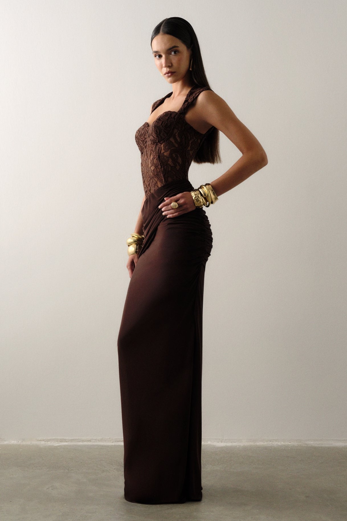 Lace Sweetheart Neck Ruched Maxi Dress