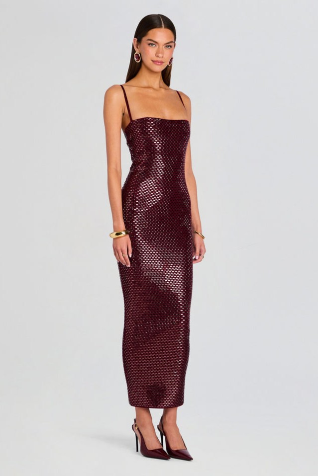 Rhinestone Square Collar Sleeveless Midi Dress