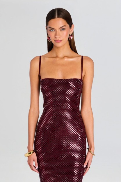 Rhinestone Square Collar Sleeveless Midi Dress