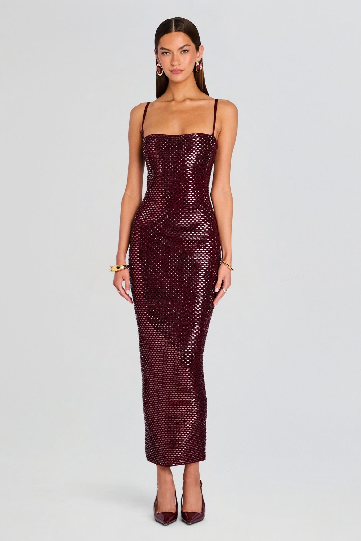 Rhinestone Square Collar Sleeveless Midi Dress