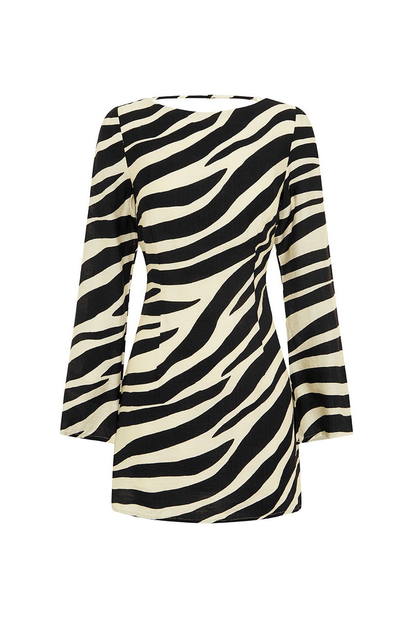 Zebra Print Long Sleeve Backless Mini Dress