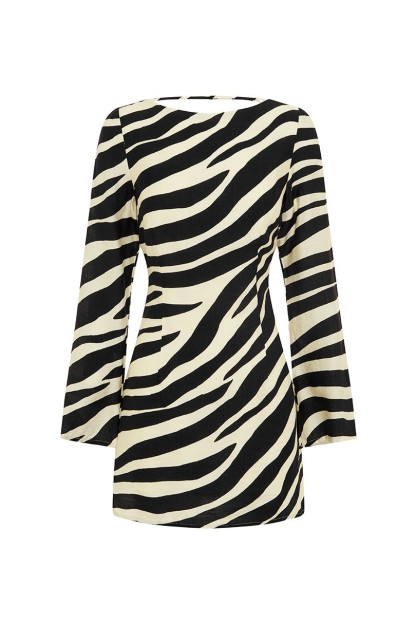 Zebra Print Long Sleeve Backless Mini Dress