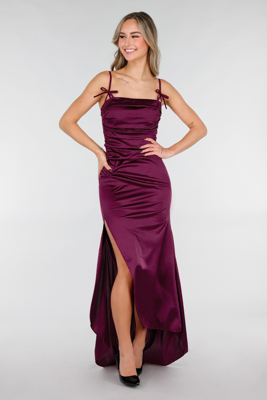Satin Gathering Slit Maxi Dress