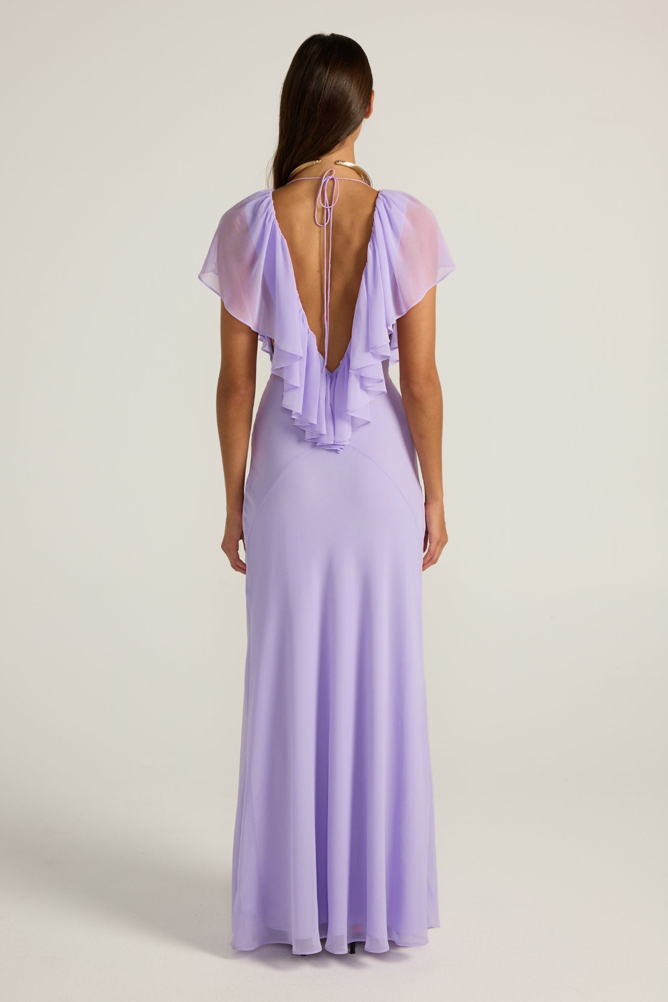 Chiffon V-Neck Frill Maxi Dress