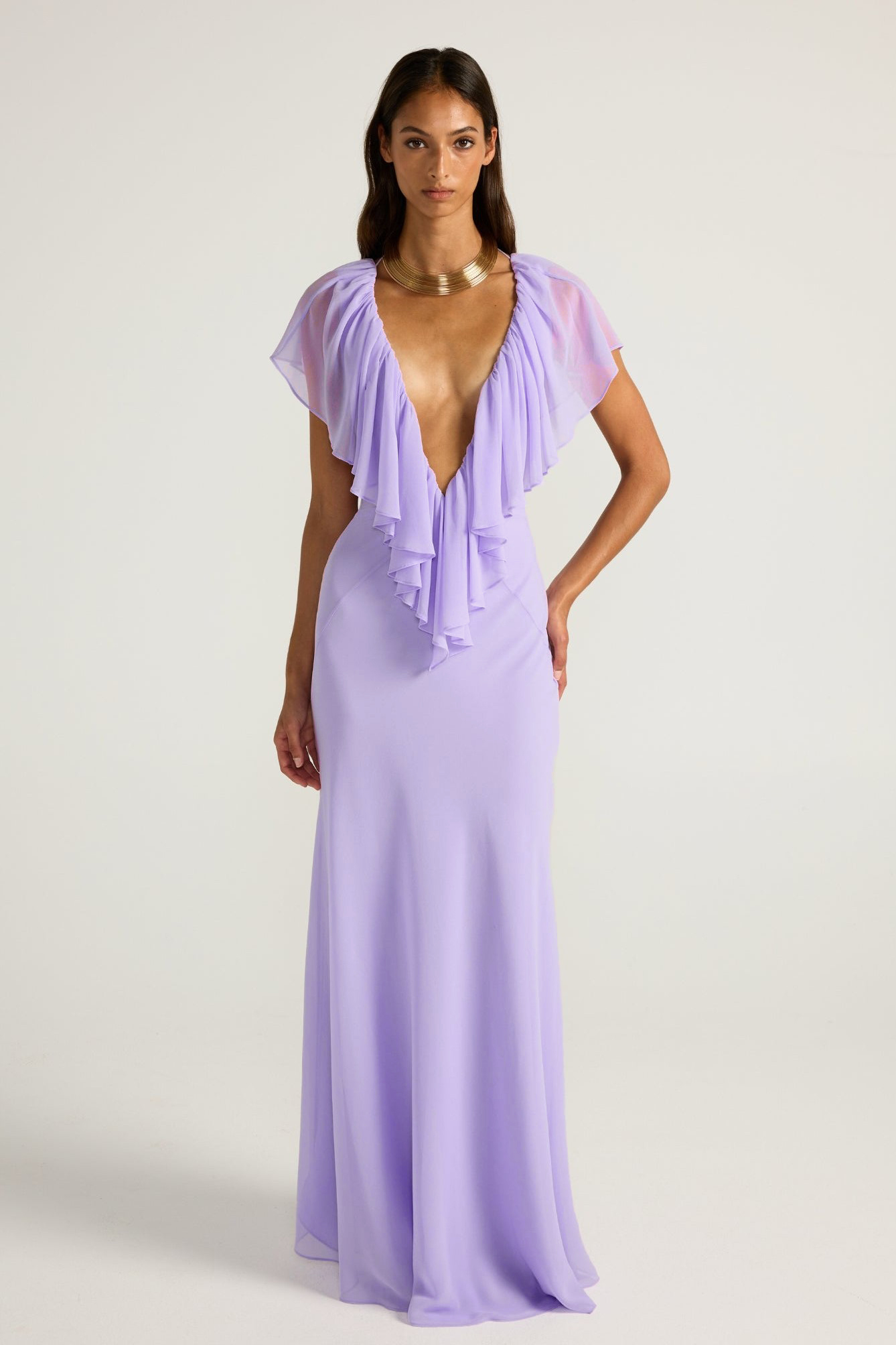 Chiffon V-Neck Frill Maxi Dress