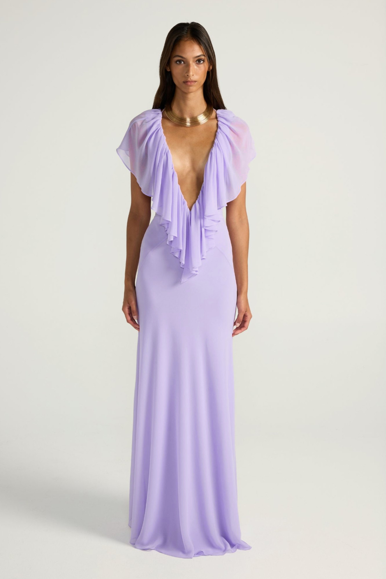 Chiffon V-Neck Frill Maxi Dress