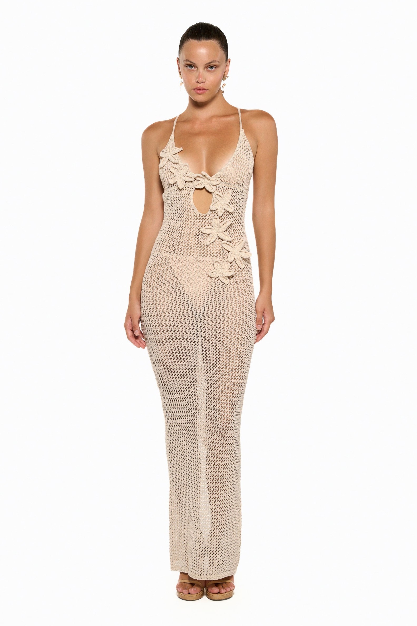 Crochet Cut-Out Slit Maxi Dress