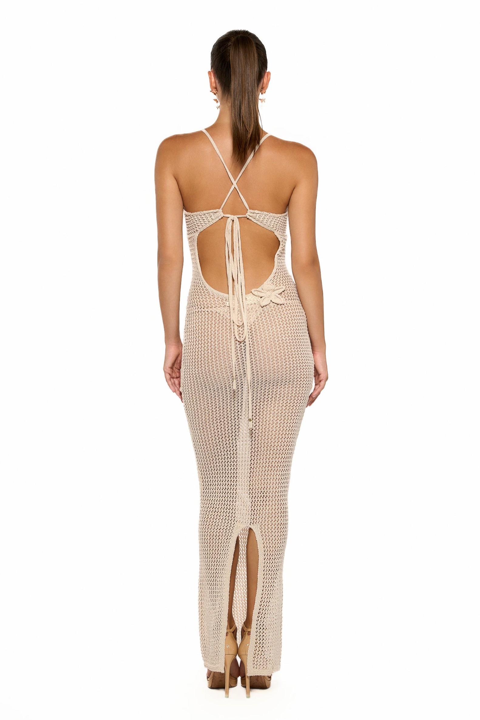 Crochet Cut-Out Slit Maxi Dress