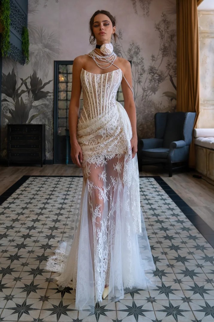 Lace Corset Strapless Mini Dress & Maxi Skirt Set