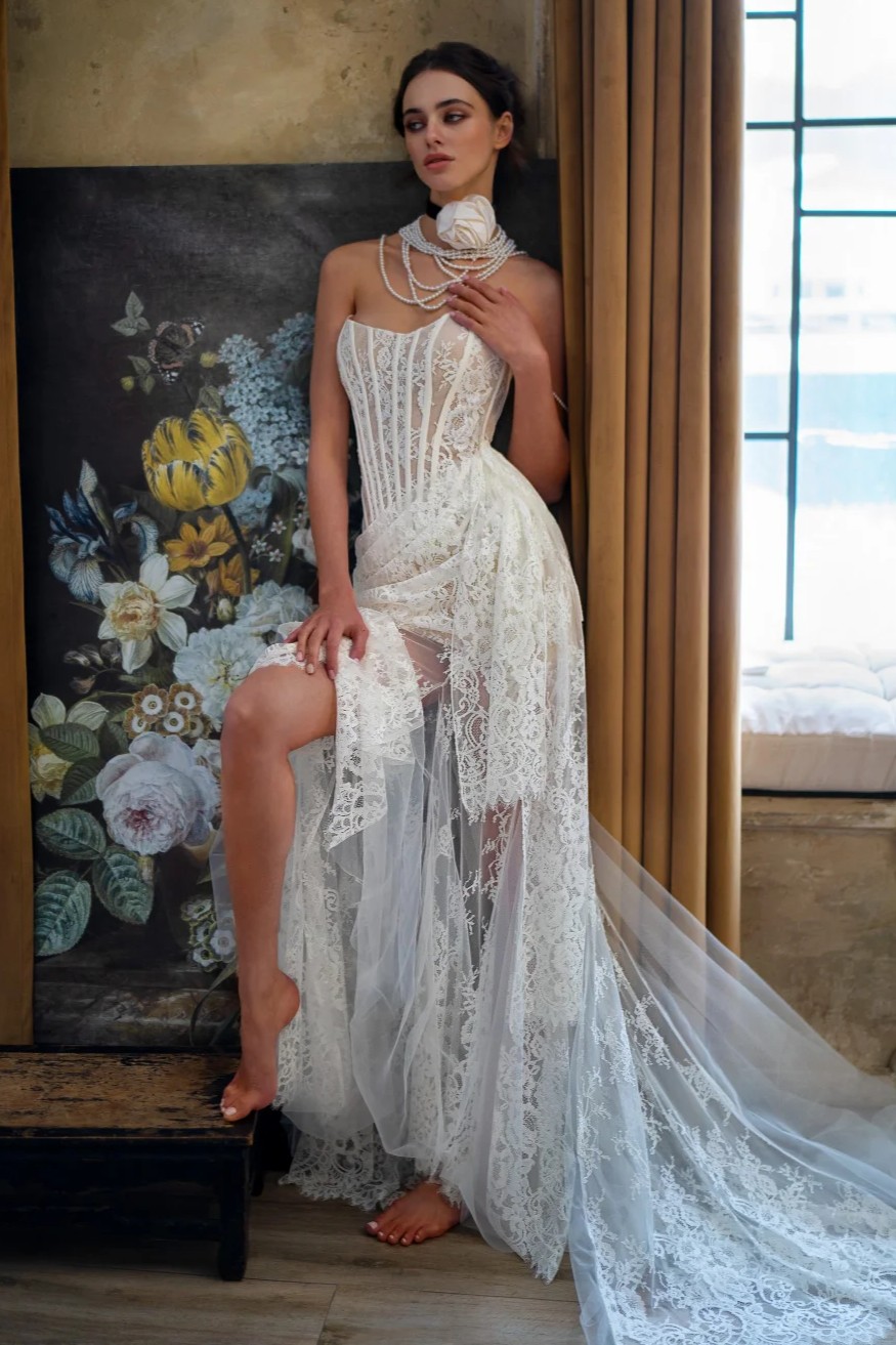 Lace Corset Strapless Mini Dress & Maxi Skirt Set