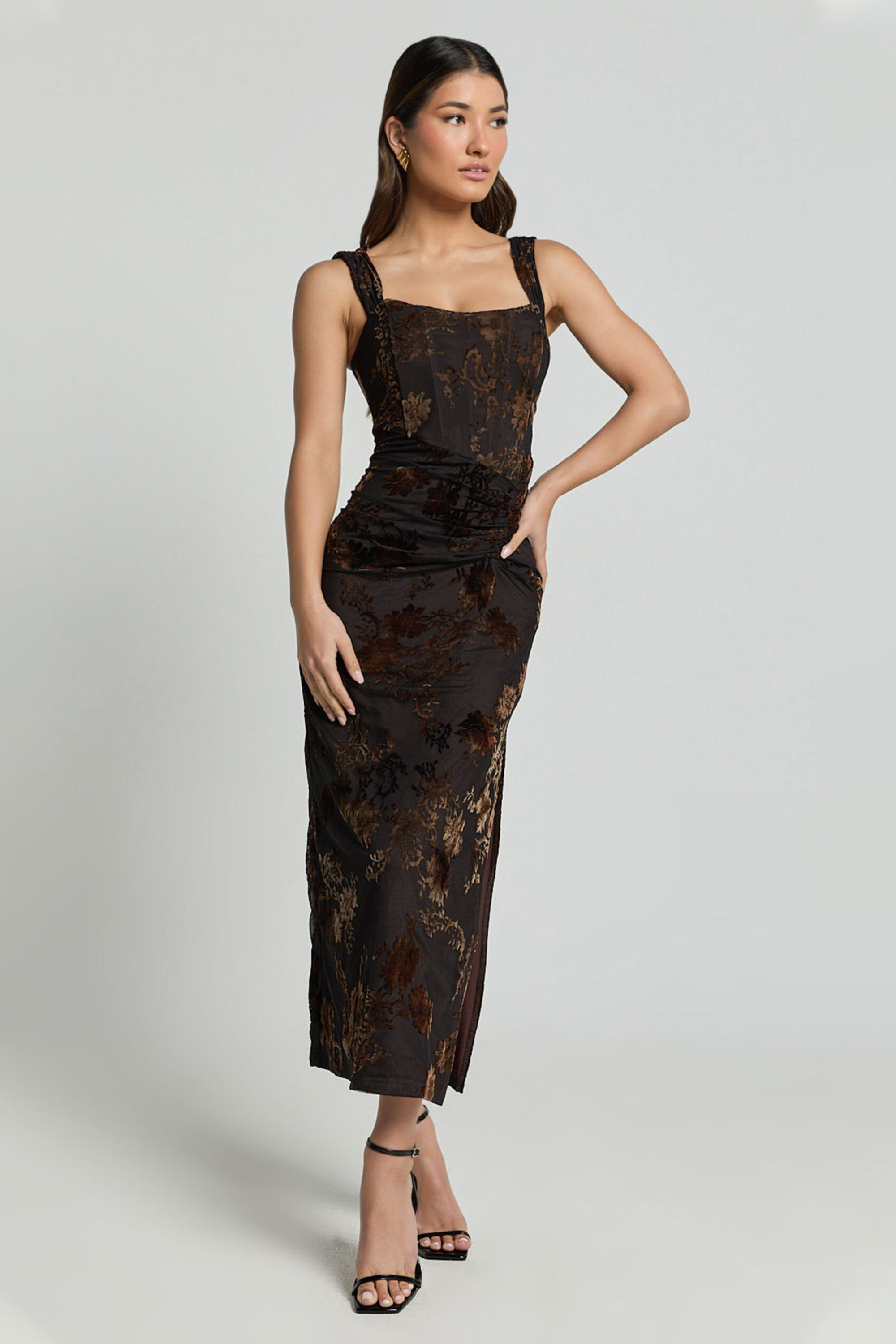 Flock Printing Gathering Slit Maxi Dress