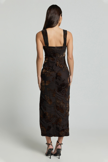 Flock Printing Gathering Slit Maxi Dress
