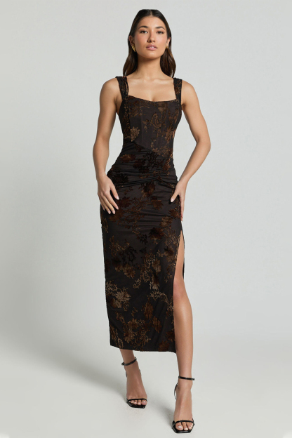 Flock Printing Gathering Slit Maxi Dress