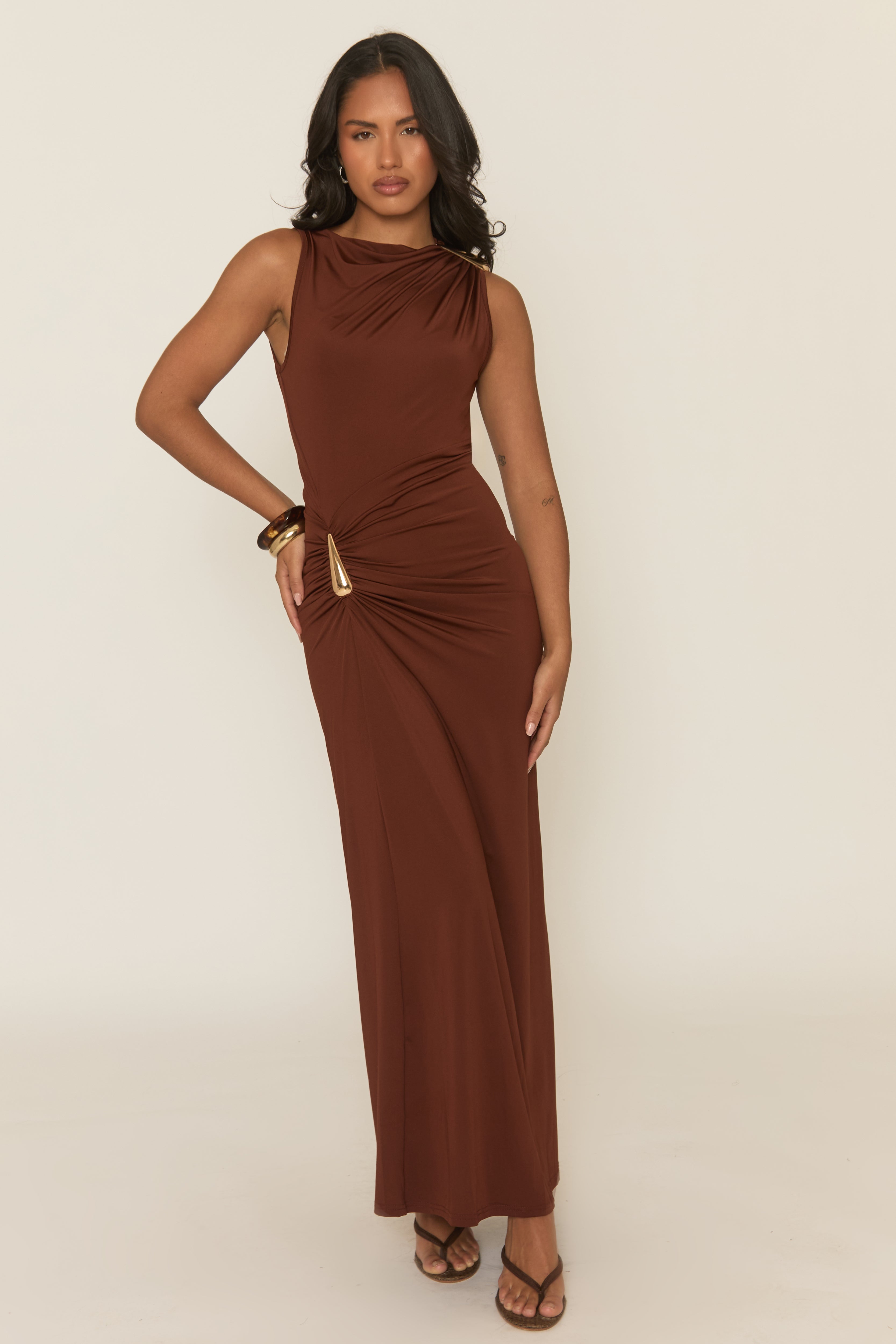 Metal Decorations Gathering Sleeveless Maxi Dress
