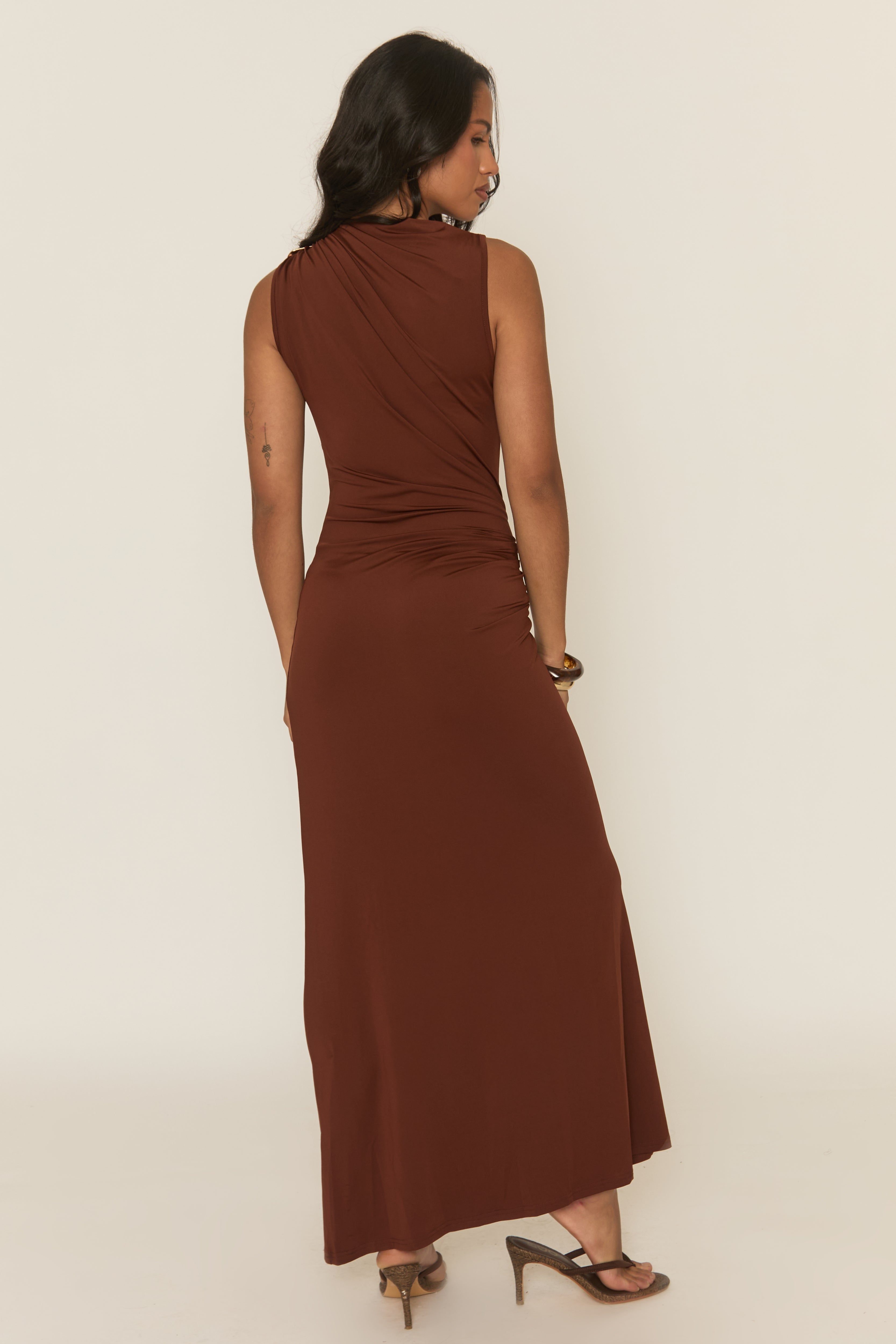 Metal Decorations Gathering Sleeveless Maxi Dress