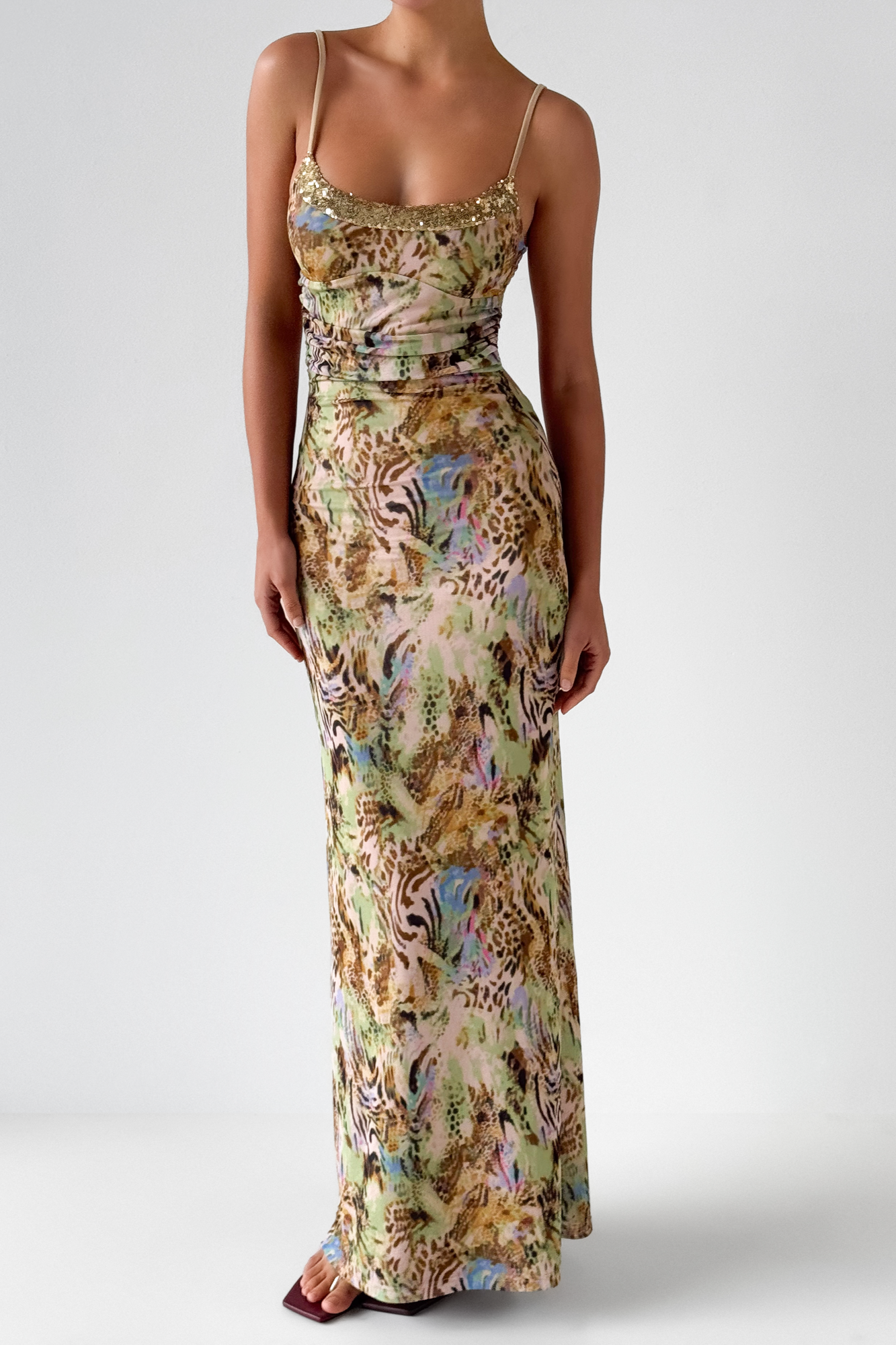 Abstract Print Sequin Tie-Up Maxi Dress