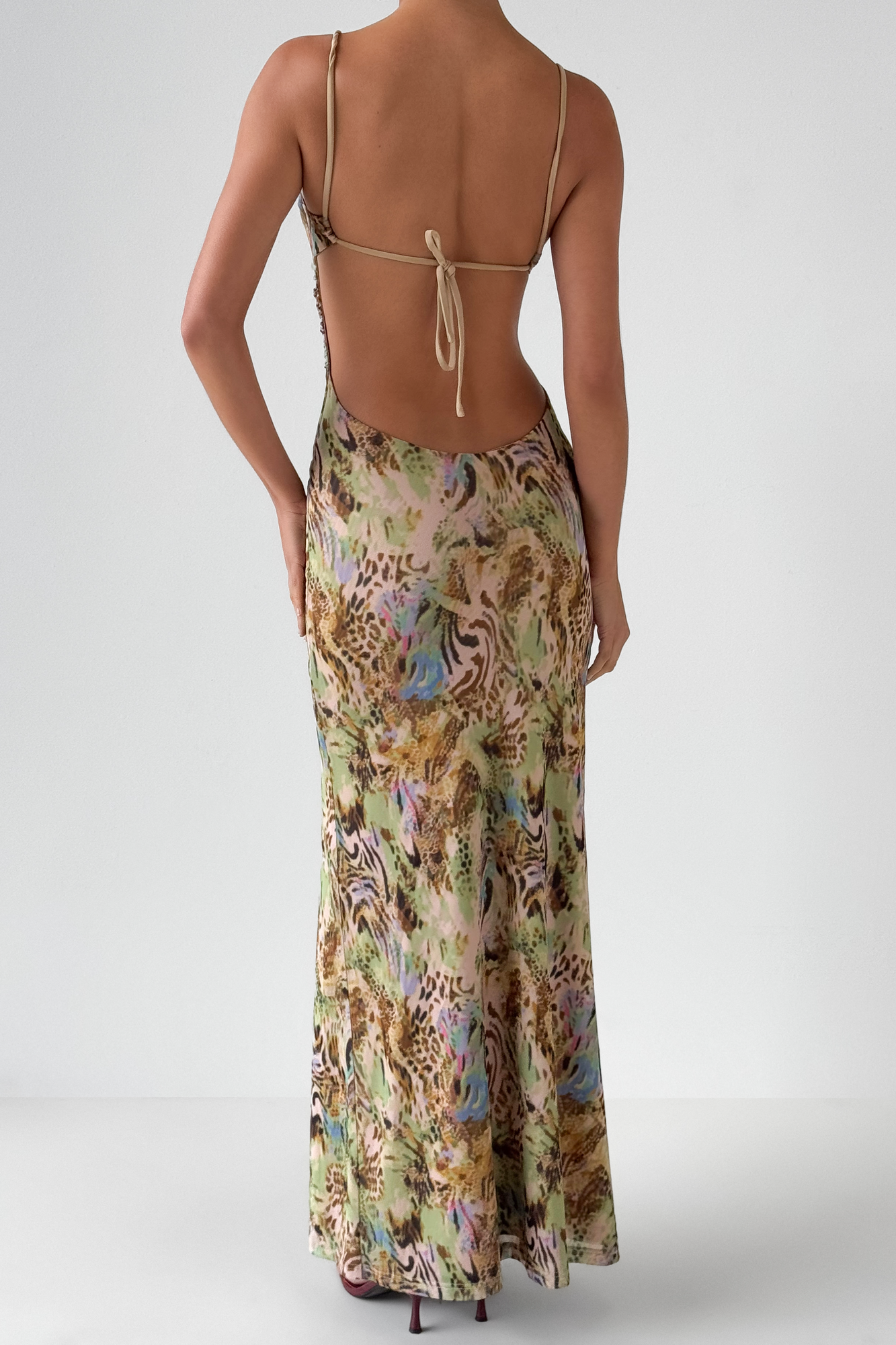 Abstract Print Sequin Tie-Up Maxi Dress