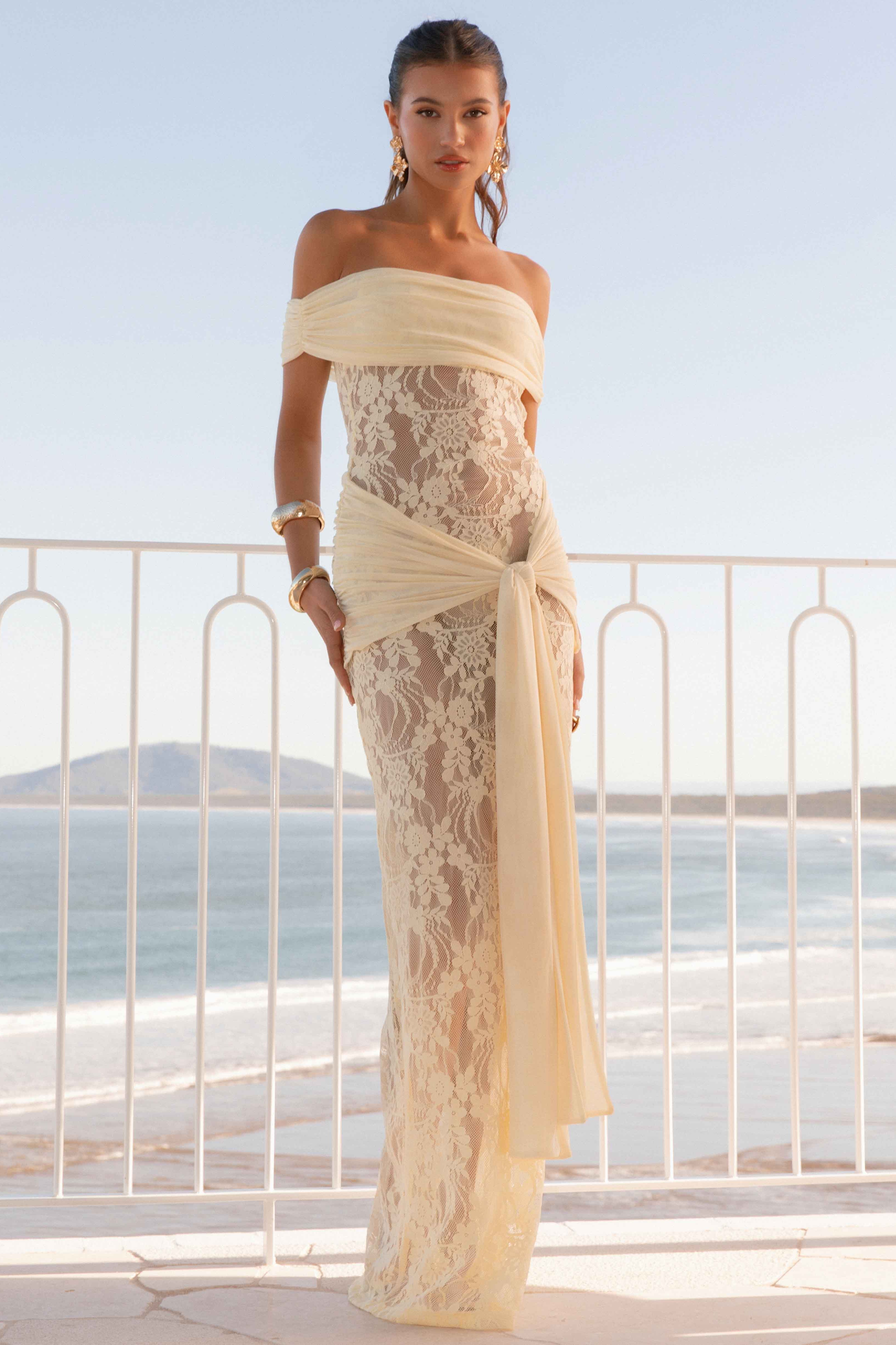 Lace Splicing Mesh Off Shoulder See-Through Maxi Dress
