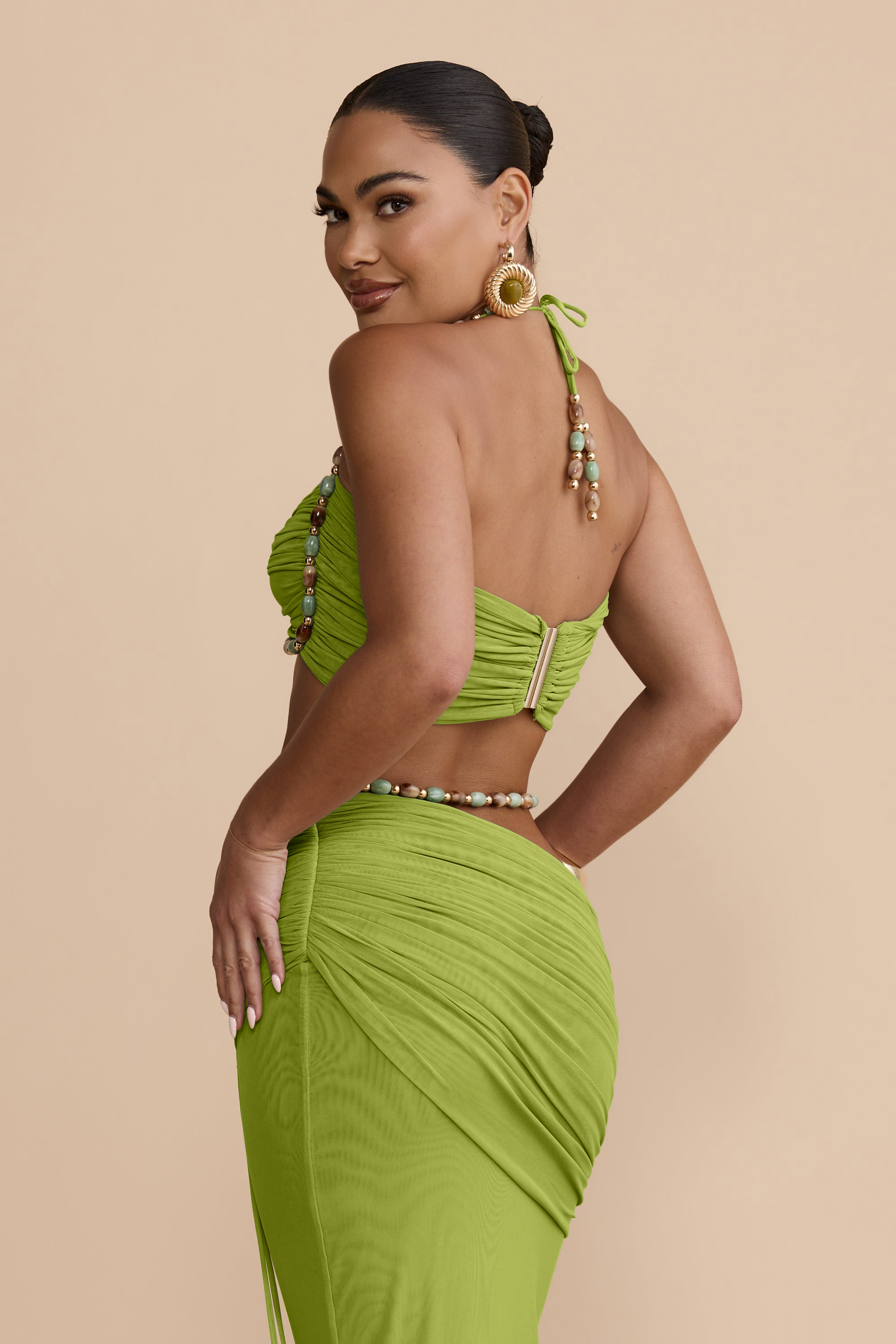 Mesh Beaded Halter Neck Top & Low Waist  Maxi Skirt Set
