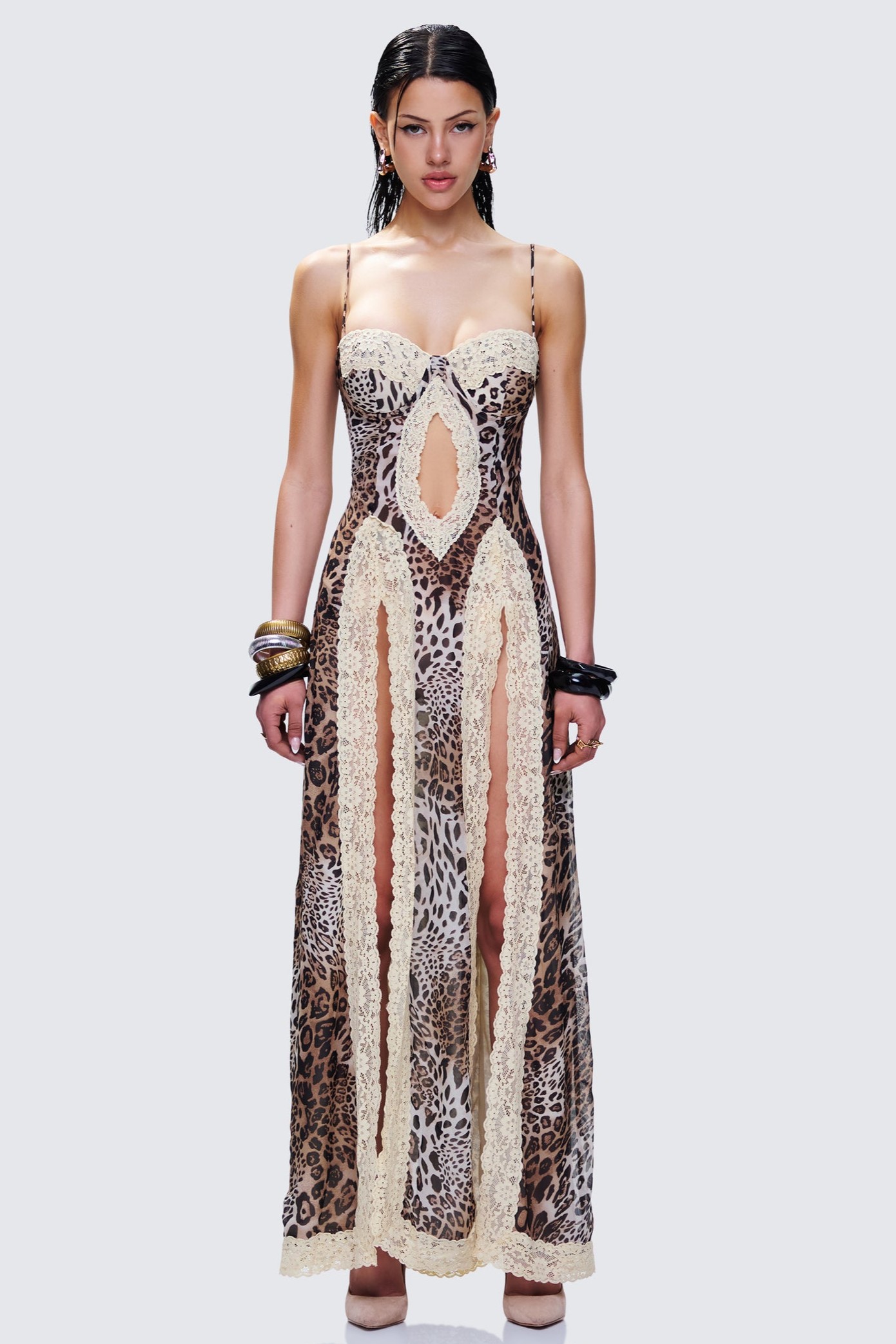 Leopard Print Lace Cut-Out Maxi Dress