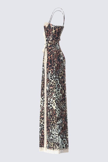 Leopard Print Lace Cut-Out Maxi Dress